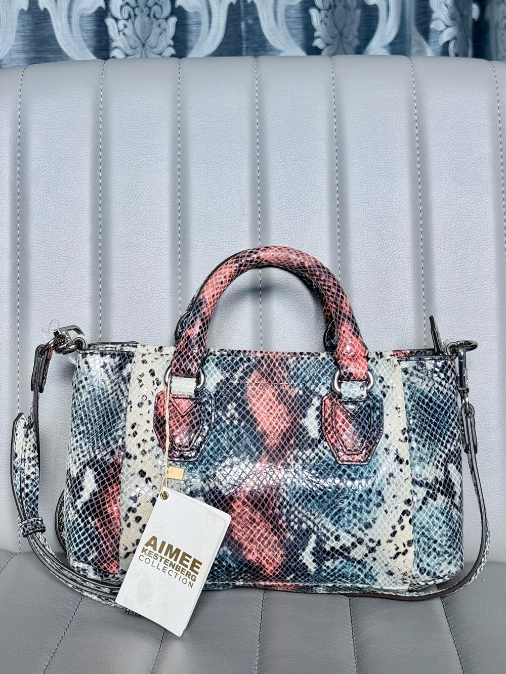 Aimee Kestenberg Blue Black Cream Snake-Print Leather Mini Satchel
